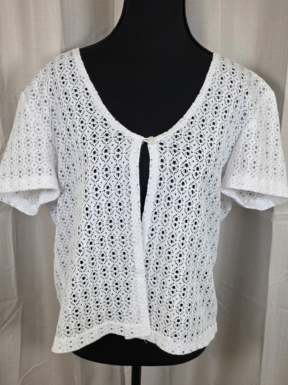 Y2K White Sheer Crochet Cardigan Top Boho Open Knit Short Sleeve Coastal Coquett